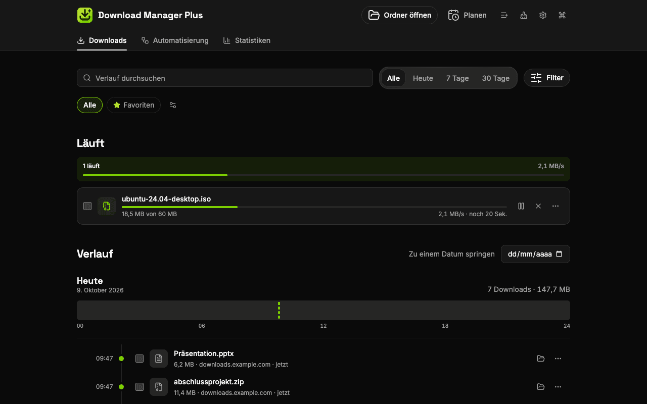Download-Manager von Download Manager Plus auf ganzer Seite mit jedem Download: einer pausiert, einer läuft mit Tempo und Restzeit, einer fehlgeschlagen mit Schaltfläche zum Wiederholen und mehrere fertige mit einem Link zu ihrem Ordner