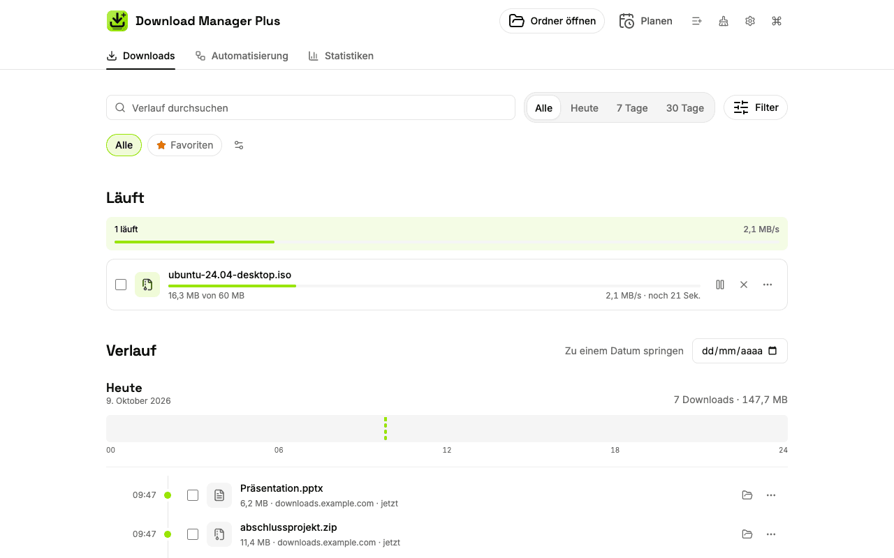 Download-Manager von Download Manager Plus auf ganzer Seite mit jedem Download: einer pausiert, einer läuft mit Tempo und Restzeit, einer fehlgeschlagen mit Schaltfläche zum Wiederholen und mehrere fertige mit einem Link zu ihrem Ordner