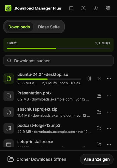 Popup von Download Manager Plus mit zwei laufenden Downloads, dem Gesamttempo, einem Suchfeld und Schaltflächen zum Pausieren, Fortsetzen, Abbrechen und Wiederholen