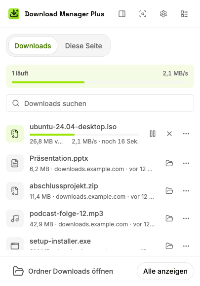 Popup von Download Manager Plus mit zwei laufenden Downloads, dem Gesamttempo, einem Suchfeld und Schaltflächen zum Pausieren, Fortsetzen, Abbrechen und Wiederholen