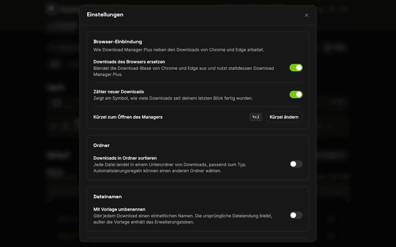 Einstellungsseite von Download Manager Plus mit Optionen, die Downloads des Browsers zu ersetzen, den Zähler am Symbol zu zeigen, das Tastenkürzel zu ändern, Benachrichtigungen einzurichten und das Design zu wählen