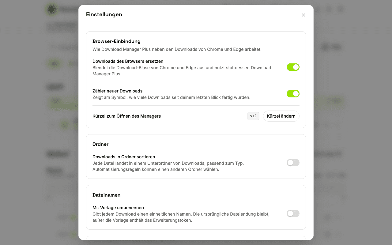 Einstellungsseite von Download Manager Plus mit Optionen, die Downloads des Browsers zu ersetzen, den Zähler am Symbol zu zeigen, das Tastenkürzel zu ändern, Benachrichtigungen einzurichten und das Design zu wählen