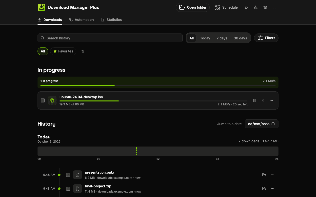 Download Manager Plus full-page download manager listing every download: one paused, one in progress with its speed and time left, one failed with a retry button and several completed with a link to their folder