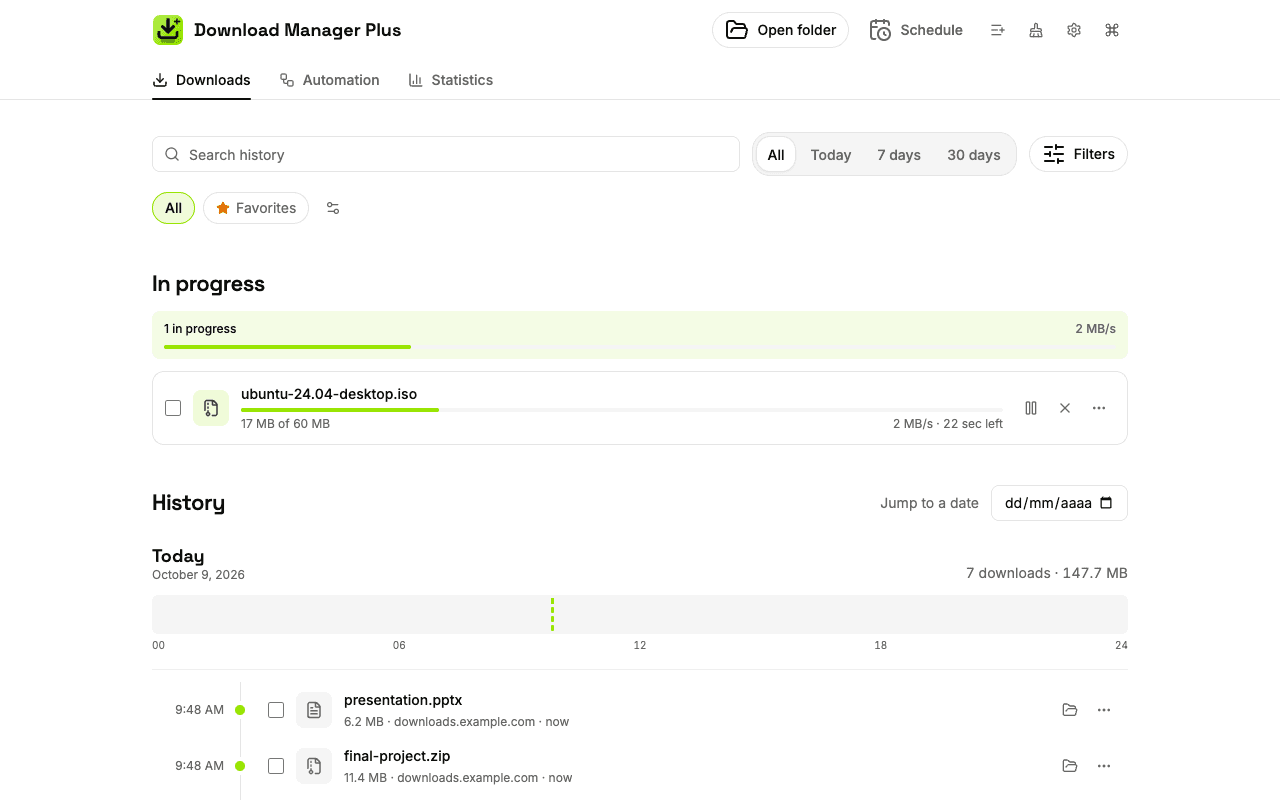 Download Manager Plus full-page download manager listing every download: one paused, one in progress with its speed and time left, one failed with a retry button and several completed with a link to their folder