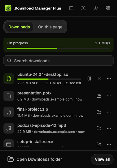Download Manager Plus popup with two downloads in progress, the total speed, a download search box and buttons to pause, resume, cancel and retry