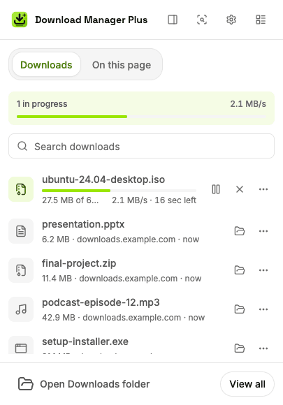 Download Manager Plus popup with two downloads in progress, the total speed, a download search box and buttons to pause, resume, cancel and retry