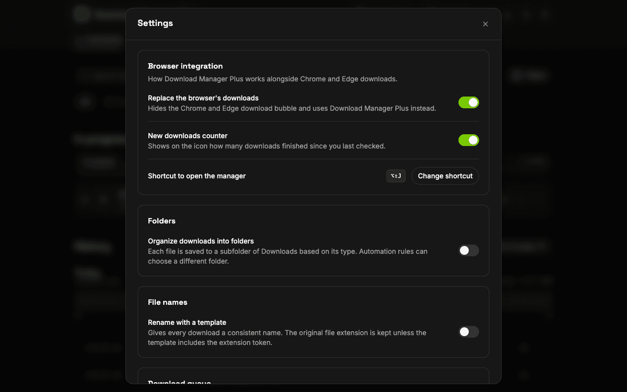 Download Manager Plus settings page with options to replace the browser's downloads, show the counter on the icon, change the keyboard shortcut, set up notifications and choose the theme
