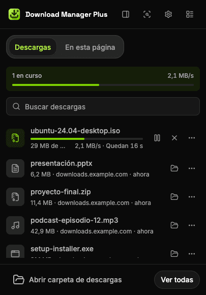 Popup de Download Manager Plus con dos descargas en curso, la velocidad total, un buscador de descargas y botones para pausar, reanudar, cancelar y reintentar