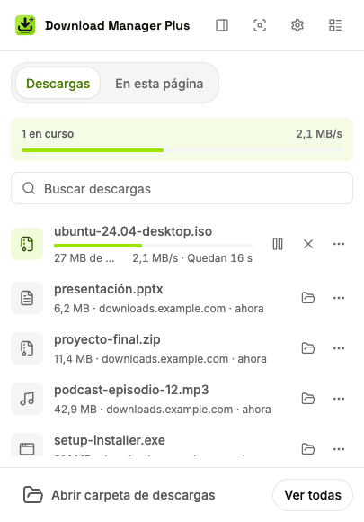 Popup de Download Manager Plus con dos descargas en curso, la velocidad total, un buscador de descargas y botones para pausar, reanudar, cancelar y reintentar