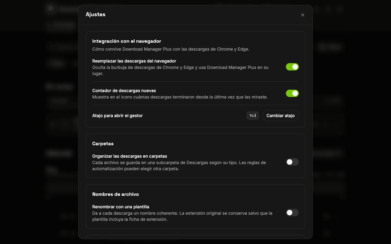 Página de ajustes de Download Manager Plus con las opciones para reemplazar las descargas del navegador, mostrar el contador en el icono, cambiar el atajo de teclado, configurar las notificaciones y elegir el tema