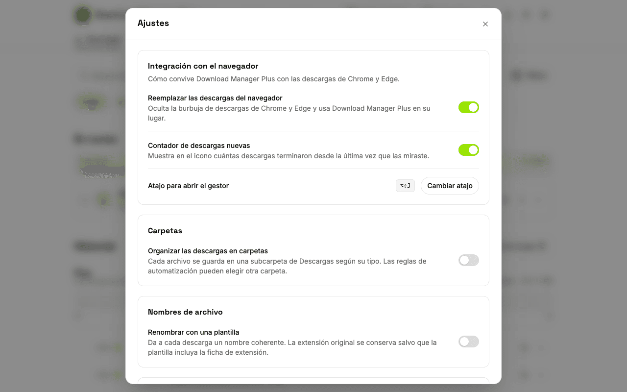 Página de ajustes de Download Manager Plus con las opciones para reemplazar las descargas del navegador, mostrar el contador en el icono, cambiar el atajo de teclado, configurar las notificaciones y elegir el tema