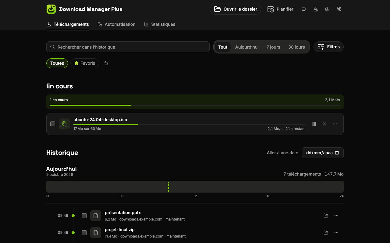 Gestionnaire de téléchargements pleine page de Download Manager Plus listant chaque téléchargement : un en pause, un en cours avec sa vitesse et le temps restant, un échoué avec un bouton pour réessayer et plusieurs terminés avec un lien vers leur dossier