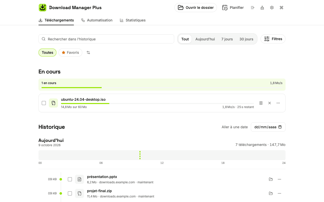 Gestionnaire de téléchargements pleine page de Download Manager Plus listant chaque téléchargement : un en pause, un en cours avec sa vitesse et le temps restant, un échoué avec un bouton pour réessayer et plusieurs terminés avec un lien vers leur dossier