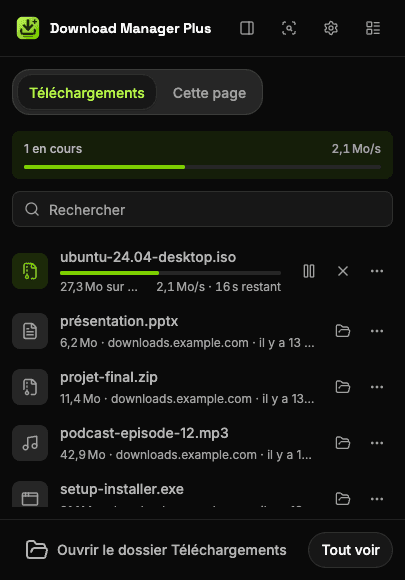 Popup de Download Manager Plus avec deux téléchargements en cours, la vitesse totale, une recherche de téléchargements et des boutons pour mettre en pause, reprendre, annuler et réessayer