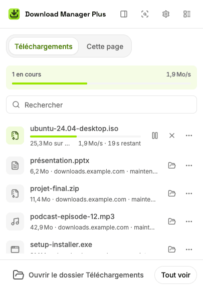 Popup de Download Manager Plus avec deux téléchargements en cours, la vitesse totale, une recherche de téléchargements et des boutons pour mettre en pause, reprendre, annuler et réessayer