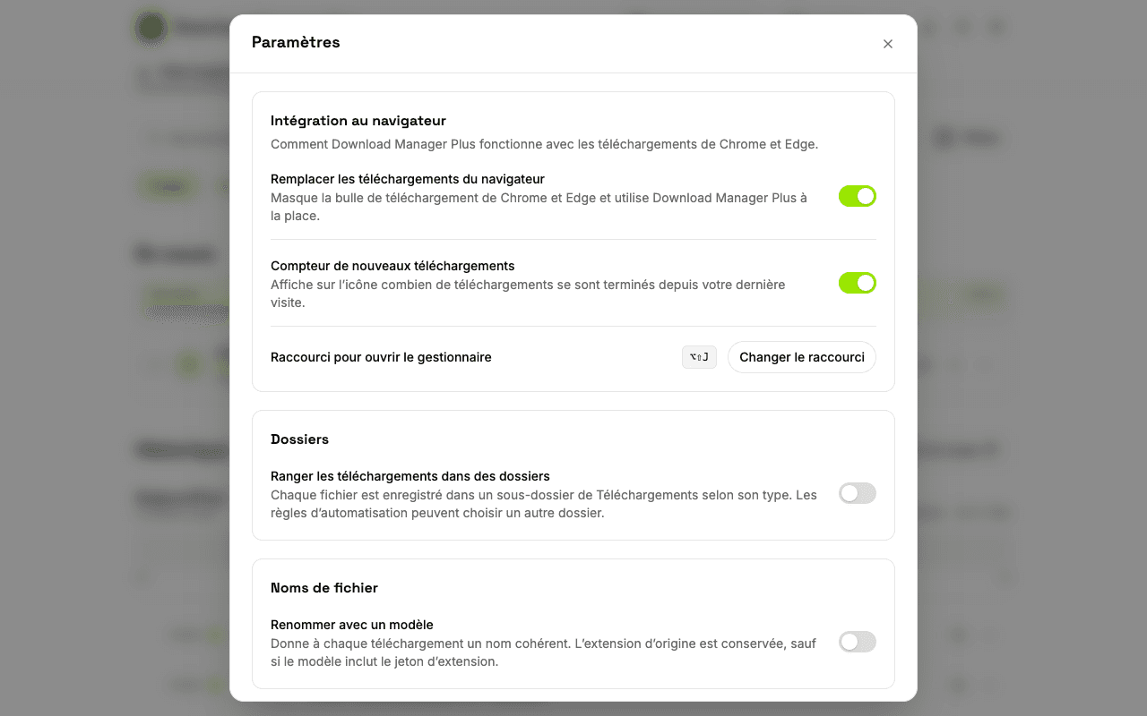 Page des paramètres de Download Manager Plus avec les options pour remplacer les téléchargements du navigateur, afficher le compteur sur l’icône, changer le raccourci clavier, régler les notifications et choisir le thème