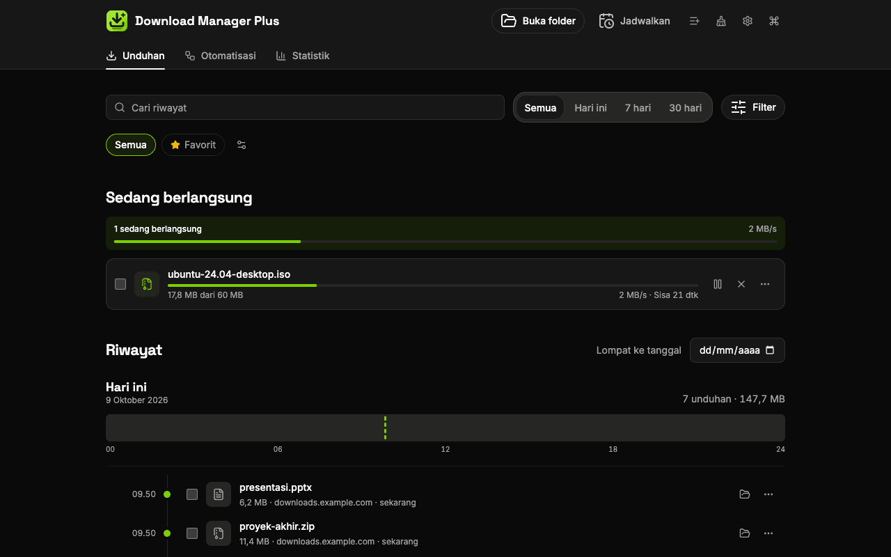 Pengelola unduhan satu halaman Download Manager Plus yang mencantumkan setiap unduhan: satu dijeda, satu sedang berlangsung dengan kecepatan dan sisa waktu, satu gagal dengan tombol coba lagi, dan beberapa selesai dengan tautan ke foldernya
