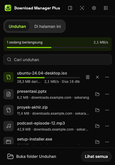 Popup Download Manager Plus dengan dua unduhan yang sedang berlangsung, kecepatan total, kotak pencarian unduhan, dan tombol untuk jeda, lanjutkan, batal, serta coba lagi