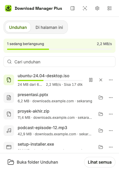 Popup Download Manager Plus dengan dua unduhan yang sedang berlangsung, kecepatan total, kotak pencarian unduhan, dan tombol untuk jeda, lanjutkan, batal, serta coba lagi
