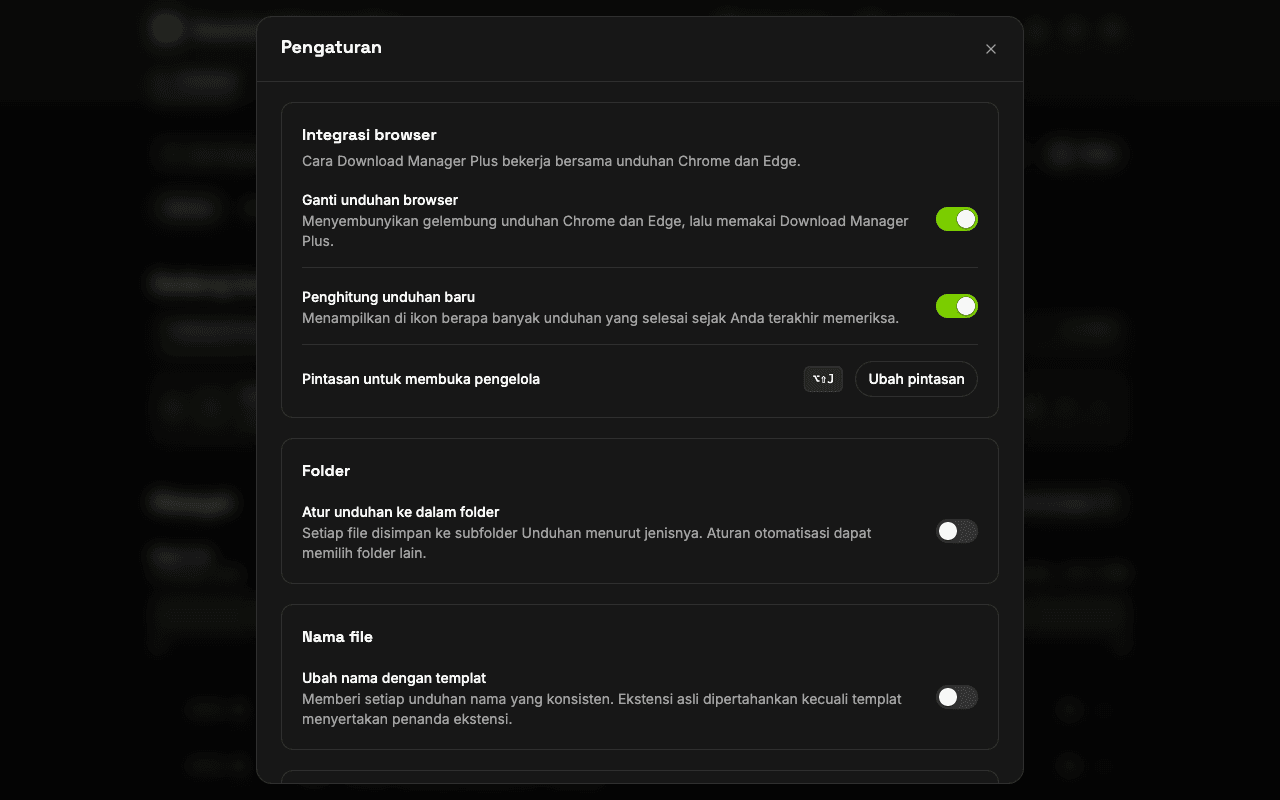 Halaman pengaturan Download Manager Plus dengan opsi untuk mengganti unduhan browser, menampilkan penghitung pada ikon, mengubah pintasan keyboard, mengatur notifikasi, dan memilih tema