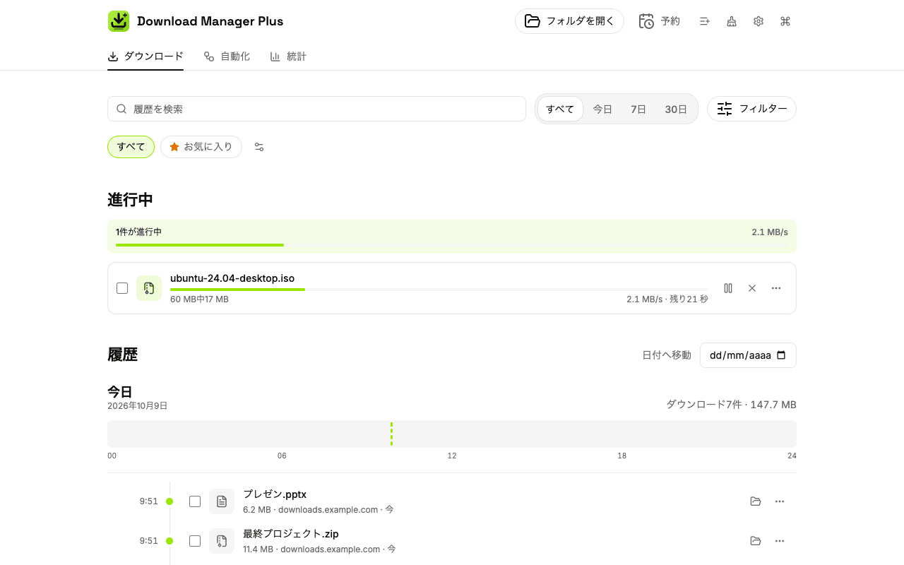 Download Manager Plusの全画面ダウンロード管理。すべてのダウンロードを一覧し、一時停止が1件、速度と残り時間のある進行中が1件、再試行ボタンのある失敗が1件、フォルダへのリンクがある完了が複数あります