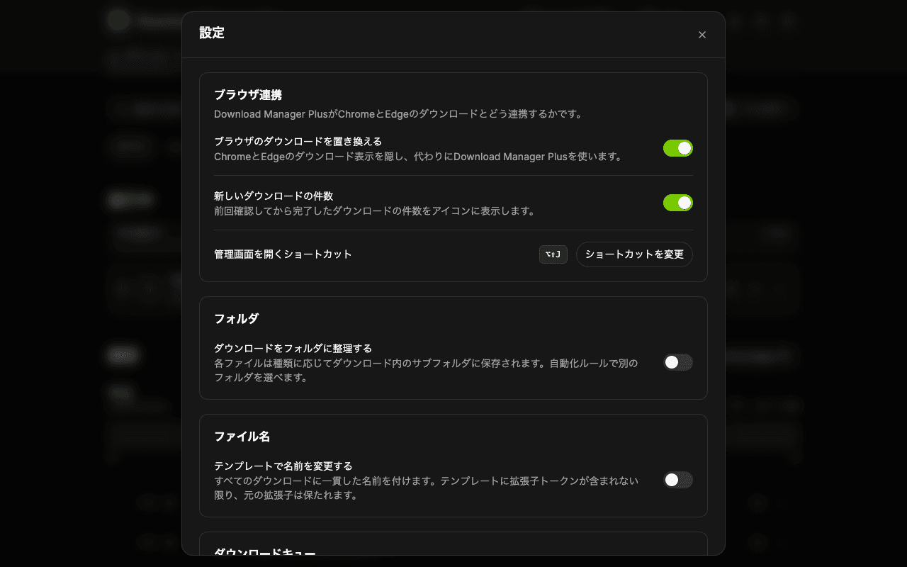 ブラウザのダウンロードを置き換える、アイコンに件数を表示する、キーボードショートカットを変える、通知を設定する、テーマを選ぶ項目があるDownload Manager Plusの設定ページ
