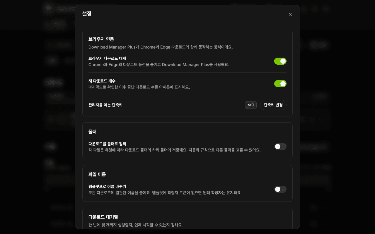 브라우저 다운로드 대체, 아이콘 개수 표시, 단축키 변경, 알림 설정, 테마 선택이 있는 Download Manager Plus 설정 페이지