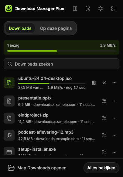 Pop-up van Download Manager Plus met twee downloads bezig, de totale snelheid, een zoekvak voor downloads en knoppen om te pauzeren, te hervatten, te annuleren en opnieuw te proberen