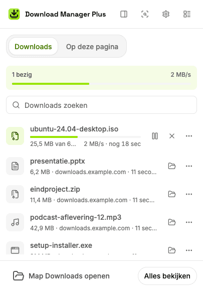 Pop-up van Download Manager Plus met twee downloads bezig, de totale snelheid, een zoekvak voor downloads en knoppen om te pauzeren, te hervatten, te annuleren en opnieuw te proberen