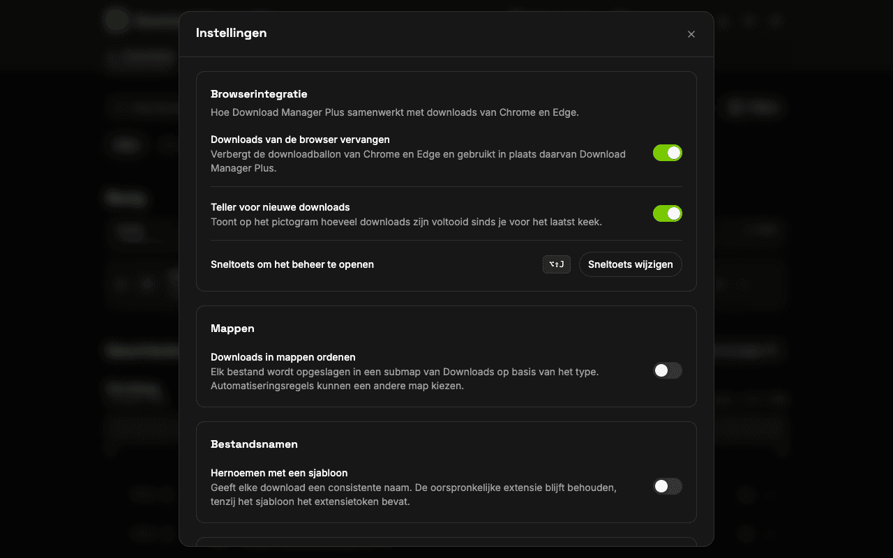 Instellingenpagina van Download Manager Plus met opties om de downloads van de browser te vervangen, de teller op het pictogram te tonen, de sneltoets te wijzigen, meldingen in te stellen en het thema te kiezen