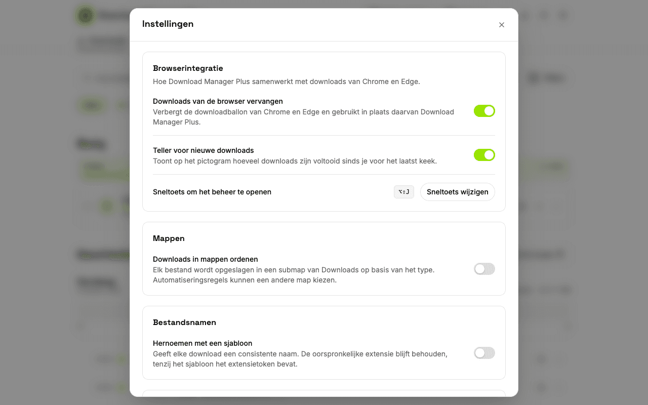 Instellingenpagina van Download Manager Plus met opties om de downloads van de browser te vervangen, de teller op het pictogram te tonen, de sneltoets te wijzigen, meldingen in te stellen en het thema te kiezen