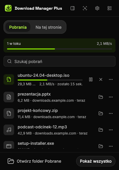 Popup Download Manager Plus z dwoma pobraniami w toku, łączną prędkością, polem wyszukiwania pobrań i przyciskami wstrzymania, wznowienia, anulowania i ponowienia