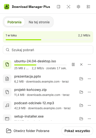 Popup Download Manager Plus z dwoma pobraniami w toku, łączną prędkością, polem wyszukiwania pobrań i przyciskami wstrzymania, wznowienia, anulowania i ponowienia