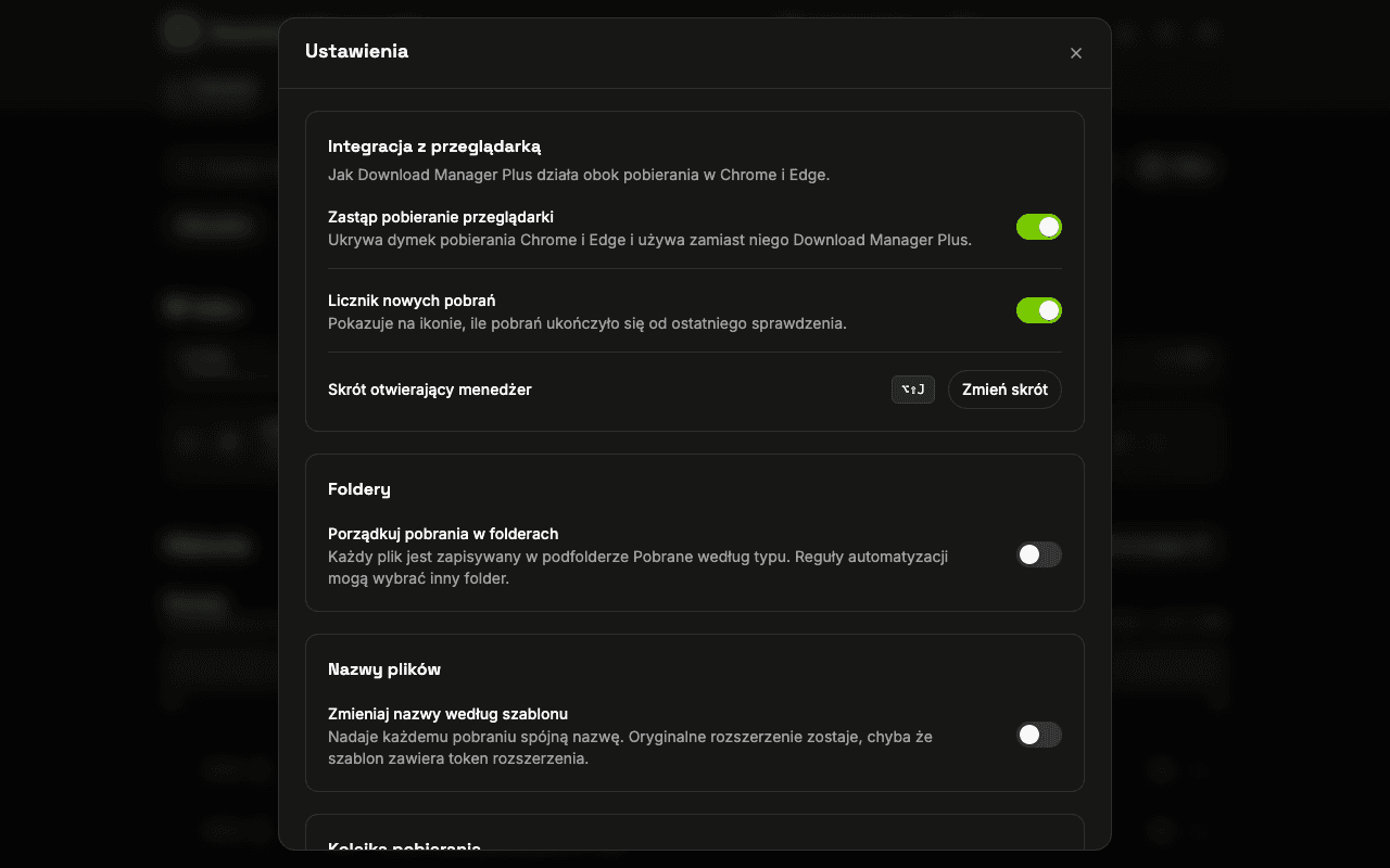 Strona ustawień Download Manager Plus z opcjami zastąpienia pobierania przeglądarki, pokazania licznika na ikonie, zmiany skrótu klawiszowego, ustawienia powiadomień i wyboru motywu
