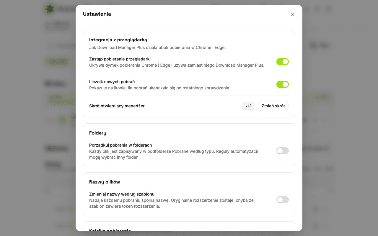 Strona ustawień Download Manager Plus z opcjami zastąpienia pobierania przeglądarki, pokazania licznika na ikonie, zmiany skrótu klawiszowego, ustawienia powiadomień i wyboru motywu