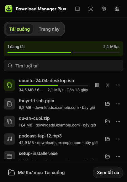 Cửa sổ bật lên Download Manager Plus với hai lượt tải đang chạy, tốc độ tổng, ô tìm lượt tải và nút tạm dừng, tiếp tục, hủy cùng thử lại