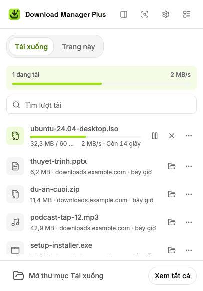 Cửa sổ bật lên Download Manager Plus với hai lượt tải đang chạy, tốc độ tổng, ô tìm lượt tải và nút tạm dừng, tiếp tục, hủy cùng thử lại