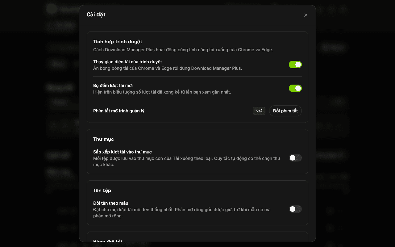 Trang cài đặt Download Manager Plus với tùy chọn thay giao diện tải của trình duyệt, hiện bộ đếm trên biểu tượng, đổi phím tắt, thiết lập thông báo và chọn giao diện