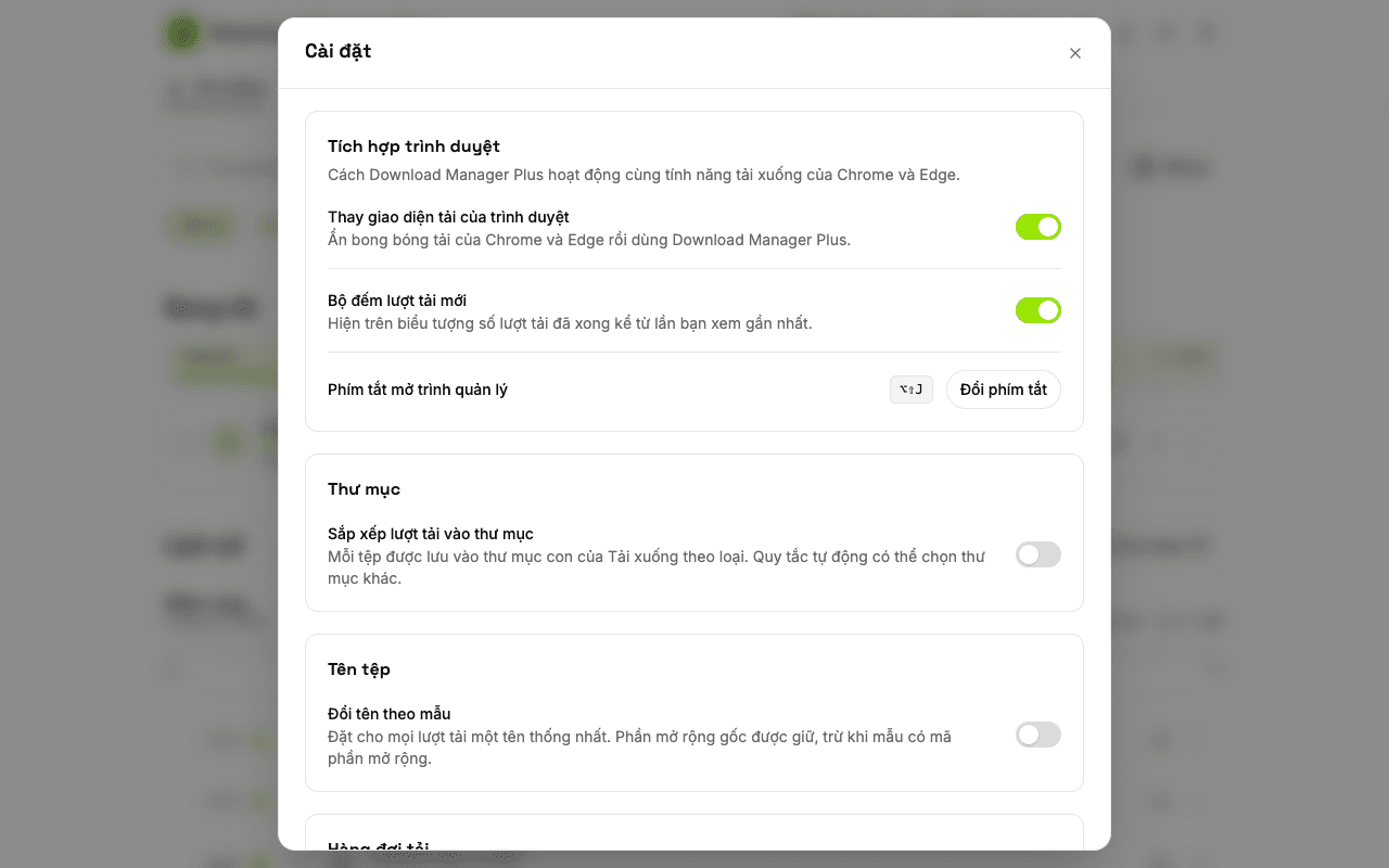 Trang cài đặt Download Manager Plus với tùy chọn thay giao diện tải của trình duyệt, hiện bộ đếm trên biểu tượng, đổi phím tắt, thiết lập thông báo và chọn giao diện