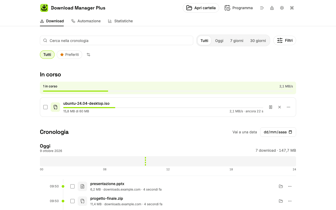 Gestore dei download a pagina intera di Download Manager Plus con ogni download: uno in pausa, uno in corso con velocità e tempo rimanente, uno non riuscito con un pulsante per riprovare e diversi completati con un link alla loro cartella