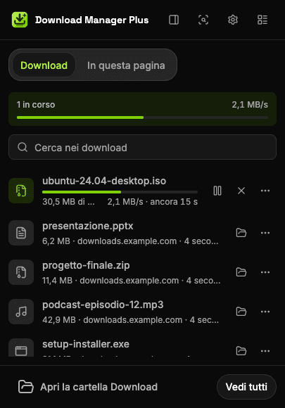 Popup di Download Manager Plus con due download in corso, la velocità totale, una casella di ricerca e pulsanti per mettere in pausa, riprendere, annullare e riprovare