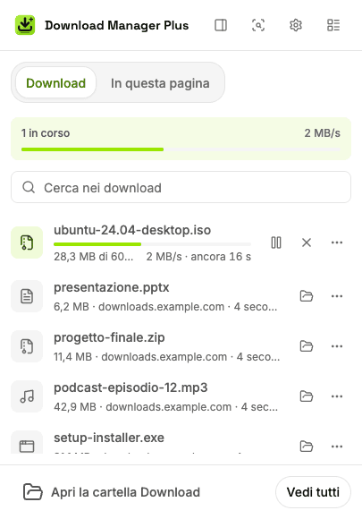 Popup di Download Manager Plus con due download in corso, la velocità totale, una casella di ricerca e pulsanti per mettere in pausa, riprendere, annullare e riprovare