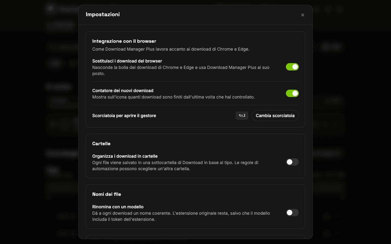Pagina delle impostazioni di Download Manager Plus con opzioni per sostituire i download del browser, mostrare il contatore sull'icona, cambiare la scorciatoia da tastiera, impostare le notifiche e scegliere il tema