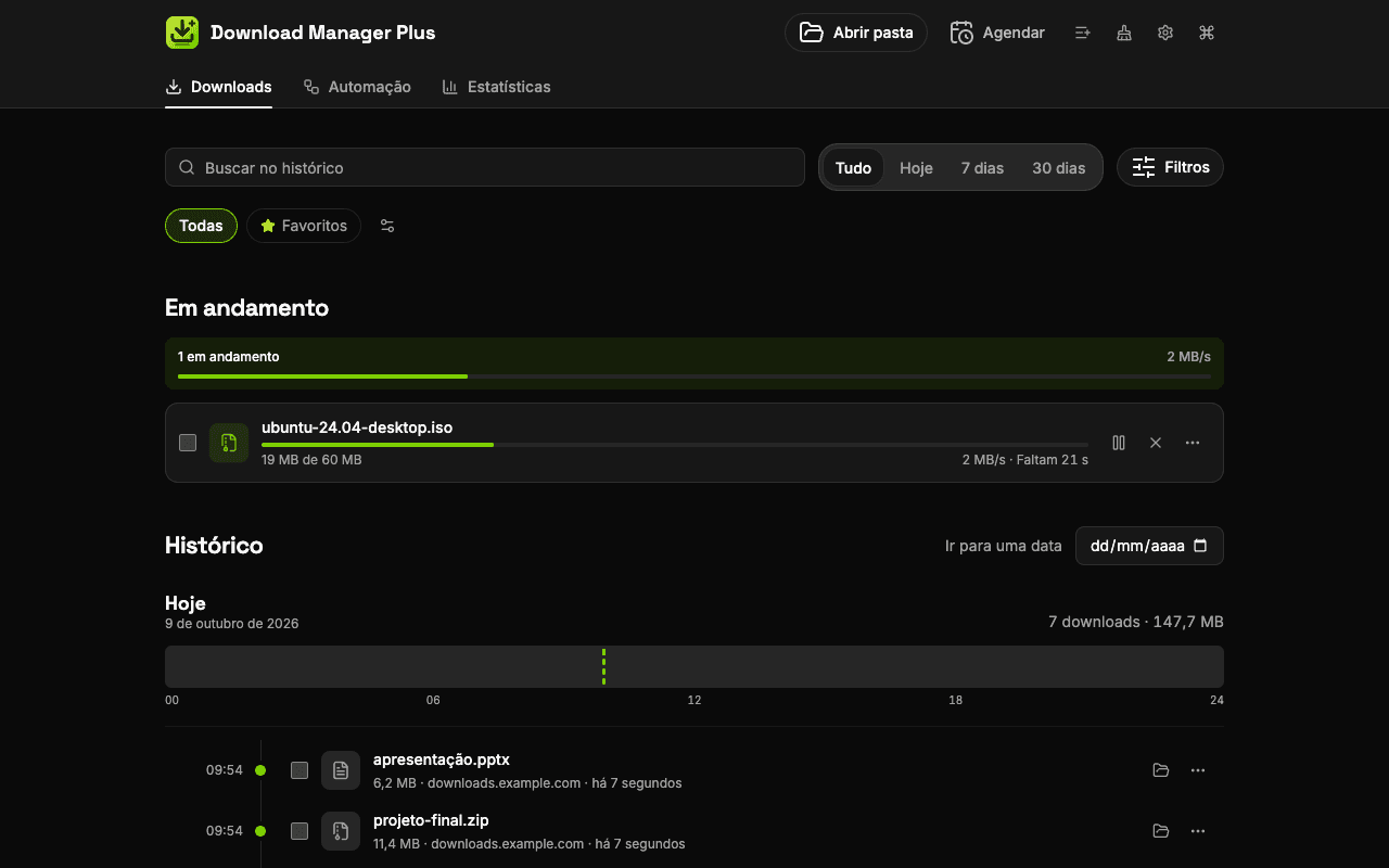 Gerenciador de downloads em página inteira do Download Manager Plus listando cada download: um pausado, um em andamento com velocidade e tempo restante, um com falha e botão de nova tentativa e vários concluídos com link para a pasta