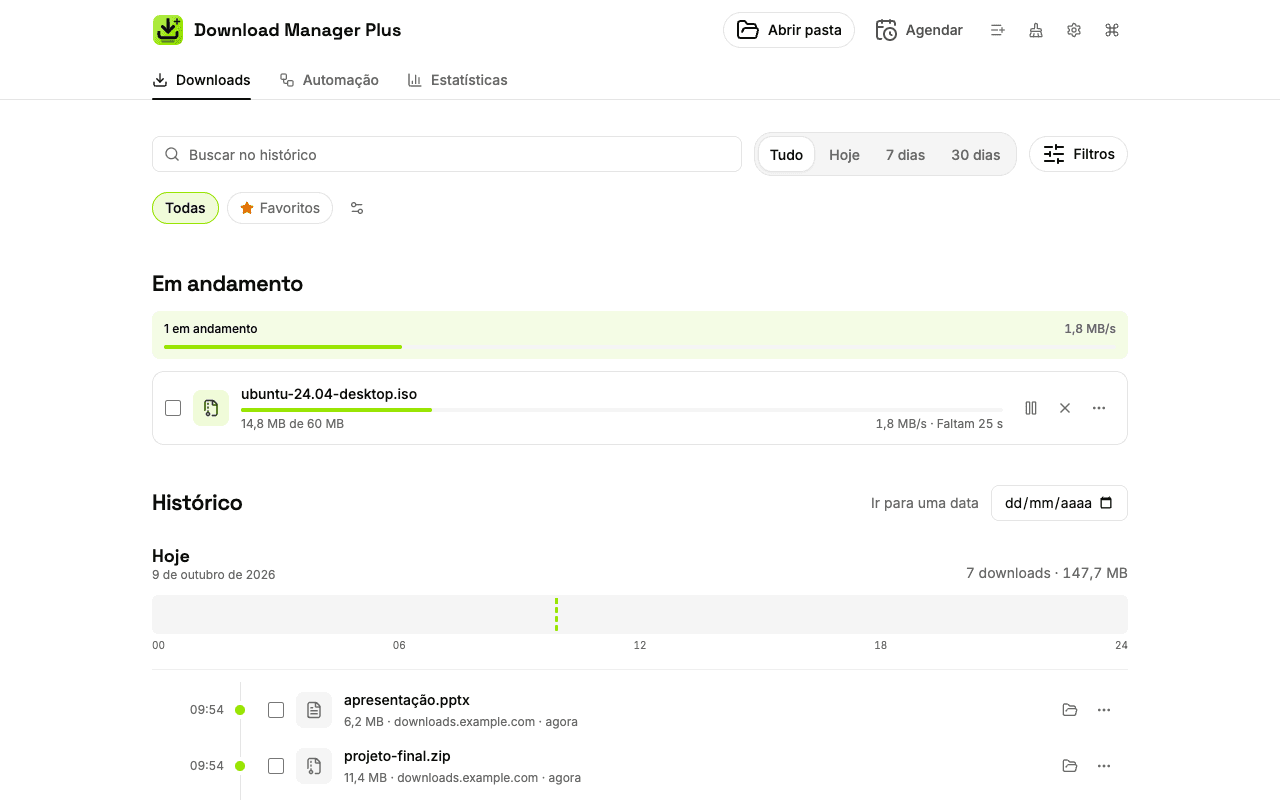 Gerenciador de downloads em página inteira do Download Manager Plus listando cada download: um pausado, um em andamento com velocidade e tempo restante, um com falha e botão de nova tentativa e vários concluídos com link para a pasta