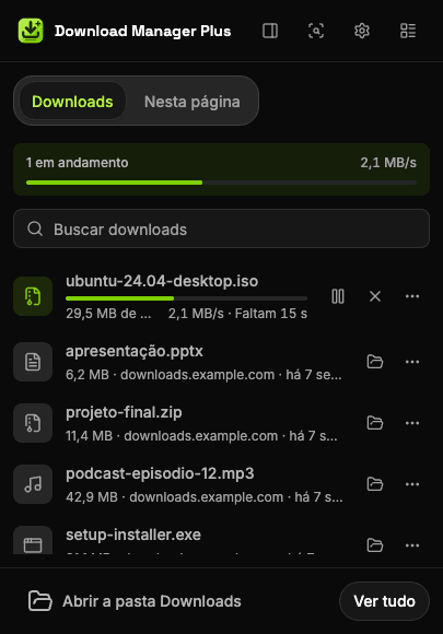 Popup do Download Manager Plus com dois downloads em andamento, a velocidade total, uma busca de downloads e botões para pausar, retomar, cancelar e tentar de novo