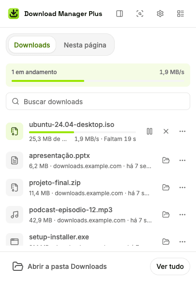 Popup do Download Manager Plus com dois downloads em andamento, a velocidade total, uma busca de downloads e botões para pausar, retomar, cancelar e tentar de novo