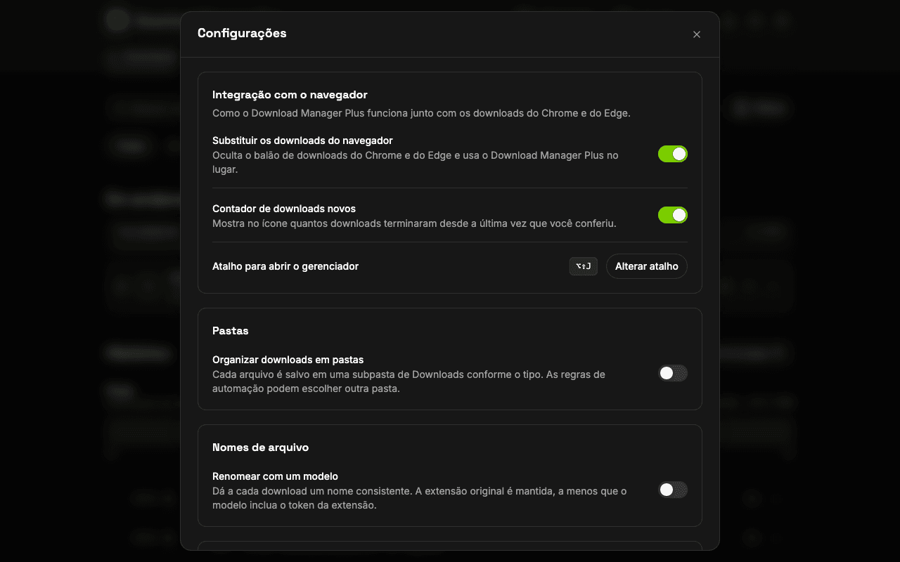 Página de configurações do Download Manager Plus com opções para substituir os downloads do navegador, mostrar o contador no ícone, alterar o atalho de teclado, configurar notificações e escolher o tema