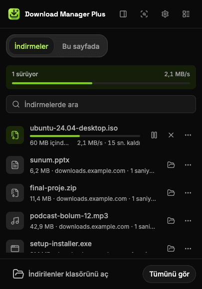 İki indirme süren, toplam hızı, bir indirme arama kutusu ve duraklatma, sürdürme, iptal ve yeniden deneme düğmeleri olan Download Manager Plus açılır penceresi