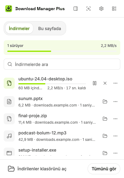 İki indirme süren, toplam hızı, bir indirme arama kutusu ve duraklatma, sürdürme, iptal ve yeniden deneme düğmeleri olan Download Manager Plus açılır penceresi